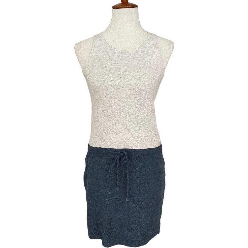 🍀Monrow Grey & Blue Ribbed Contrast Drawstring Waist Linen Tank Dress Size XS - Picture 2 of 8